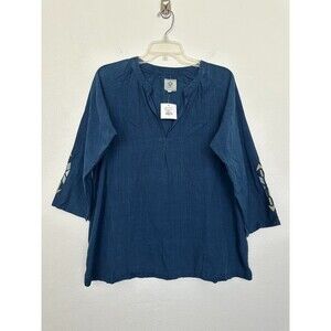 Bsbee Monroe Linen Top Pueblo Navy Blue Boxy Embroidered Aztec Women's Large NEW